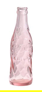 PINK PROTOTYPE PEPSI-COLA BOTTLE: C. 1953 pink glass prototype with large embossed bottle cap on shoulder. Has a mold flaw. Condition: (9.0+). Dimensions: 7 - 1/2" T.