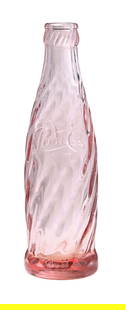 PINK PROTOTYPE PEPSI-COLA BOTTLE: C. 1954 pink glass prototype swirl bottle with serrated top and dimpled bottom. Condition: (9.0+). Dimensions: 7 - 1/2" T.