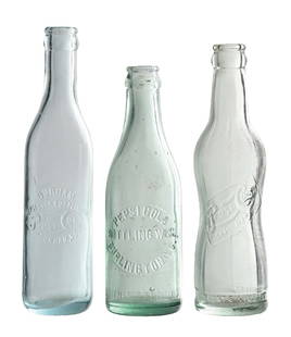 COLLECTION OF 3 PEPSI-COLA GLASS BOTTLES: (A) Icy blue Durham, North Carolina center slug. CONDITION: Minor fleabites. (9.0). (B) Light aqua Watertown, New York pinch-waist bottle. CONDITION: Light case wear. (9.0). (C) Olive green Burlington