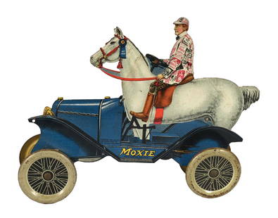 MOXIE THE HORSEMOBILE TIN LITHO TOY: DST. This c. 1910s double-sided tin toy from Moxie known as the Horsemobile features the blue car with white horse. CONDITION: Both sides of the field show light discoloration and an occasional speck