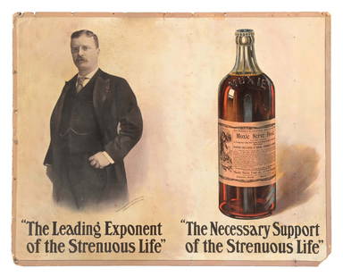 MOXIE "NERVE FOOD" SIGN W/ TEDDY ROOSEVELT GRAPHIC: Single-Sided Cardboard. This c. 1900-1910 single-sided cardboard sign from Moxie features an early paper label bottle graphic, along with a nice portrait of President Theodore Roosevelt. CONDITION: Th