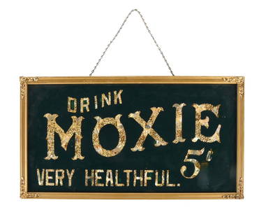 MOXIE REVERSE PAINTED GLASS SIGN: This c. 1890s single-sided reverse painted glass sign from Moxie features the company logo, with wonderful foil and mother of pearl inlay to the lettering. CONDITION: The sign shows paint lifting and
