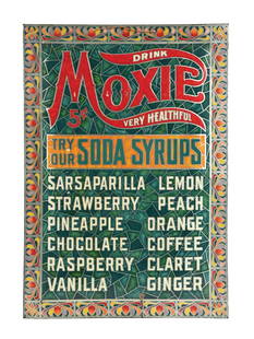 DRINK VERY HEALTHFUL MOXIE MENU BOARD SIGN: Tin-Over-Cardboard. This c. 1920s single-sided tin-over-cardboard sign from Moxie features the company logo, with a wonderful patterned background throughout the sign. CONDITION: The field shows a few