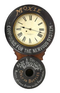 MOXIE "COMPOUND FOR THE NERVOUS SYSTEM" BAIRD CLOCK: A nice example of this Baird-style clock from Moxie and the early tagline "Compound For The Nervous System". The exact age and origin of this clock is unknown on the top and bottom doors. CONDITION: T
