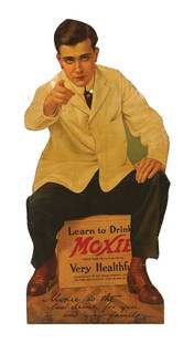 FANTASTIC MOXIE MAN DIE-CUT WOOD SIGN: Maker marked "Palm Fechteller Co.". This c. 1905 large single-sided die-cut wood sign from Moxie features an impressive graphic of the Moxie man sitting atop a box of the company's syrup. This graphic