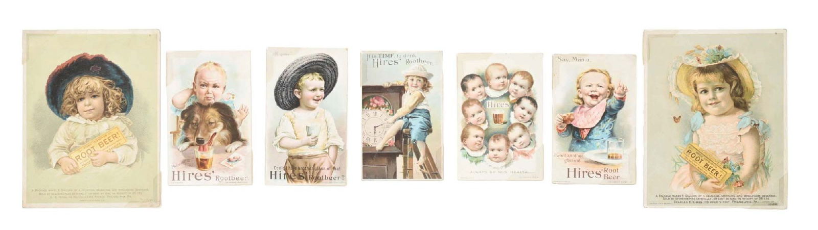HIRES ROOT BEER TRADE CARDS: This collection of seven c. 1890s trade cards from Hires Root Beer features nice youthful graphics with the company logo and early product packaging seen on all. CONDITION: Each card shows light edgew