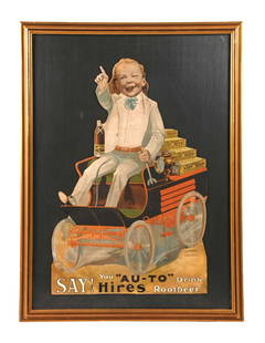 DRINK HIRES ROOTBEER SIGN W/ UGLY KID GRAPHIC: This c. 1900 single-sided die-cut cardboard sign from Hires Root Beer features a nice graphic of the Ugly Kid mascot driving an early vehicle with boxes of Hires syrup in tow. CONDITION: The field ret