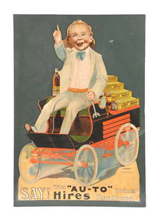 HIRES ROOT BEER SIGN W/ UGLY KID GRAPHIC: Maker marked "H.A. Thomas & Wylie". This c. 1900 single-sided die-cut cardboard sign from Hires Root Beer features the Ugly Kid mascot riding an early motor vehicle with Hires syrup in tow. CONDITION: