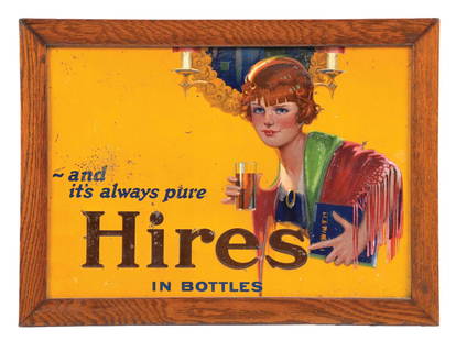 HIRE'S ROOT BEER SIGN W/ WOMAN GRAPHIC: SST. This C. 1920s single-sided embossed tin sign from Hires Root Beer features a colorful graphic of Flapper-era woman holding an early fountain glass. CONDITION: The sign shows paint loss and surfac
