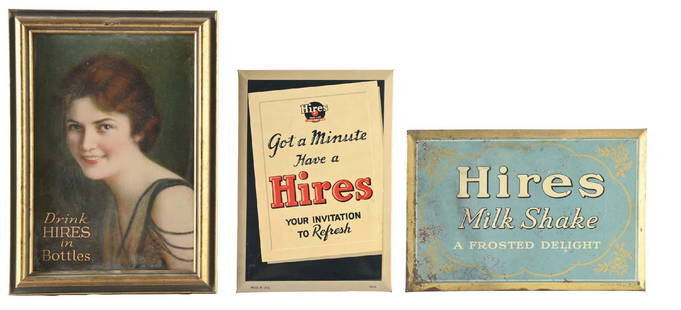 COLLECTION OF 3 HIRES ROOT BEER SIGNS: A nice collection of three signs from Hires Root Beer, including one single-sided tin sign with woman graphic, and two tin over cardboard signs. CONDITION: (A) The tin sign with woman graphic shows a