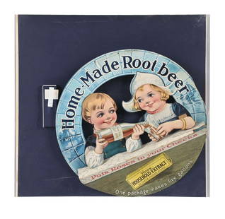 HIRES HOME MADE ROOT BEER SIGN: This c. 1914 single-sided three-dimensional cardboard sign from Hires features a nice graphic of two children making their own home made root beer. CONDITION: The sign shows damage and wear to the car