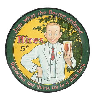 HIRES ROOT BEER SERVING TRAY: A nice example of this c. 1914 tin serving tray from Hires Root Beer, featuring a nice graphic of the character known as Josh Slinger. CONDITION: The field shows some scrapes and paint chips, with