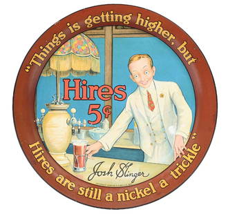 JOSH SLINGER HIRES ROOT BEER SERVING TRAY: A nice example of this C. 1915 tin serving tray from Hires Root Beer featuring a nice graphic of John Slinger. CONDITION: The field shows a few small paint chips just above the fountain glass on the