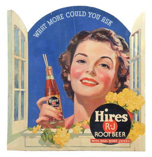 HIRES ROOT BEER WINDOW DISPLAY W/ WOMAN GRAPHIC: This c. 1940s-1950s single-sided die-cut cardboard window display from Hires Root Beer features a nice graphic of a woman holding a bottle. CONDITION: The display has seen restoration throughout. Ther