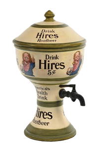 GREEN DRINK HIRES SYRUP DISPENSER W/ UGLY KID GRAPHIC: Maker marked "Villeroy & Boch". This impressive and seldom seen dispenser from Hires Root Beer features the Ugly Kid graphic, and the company logo throughout. CONDITION: The body of the dispenser
