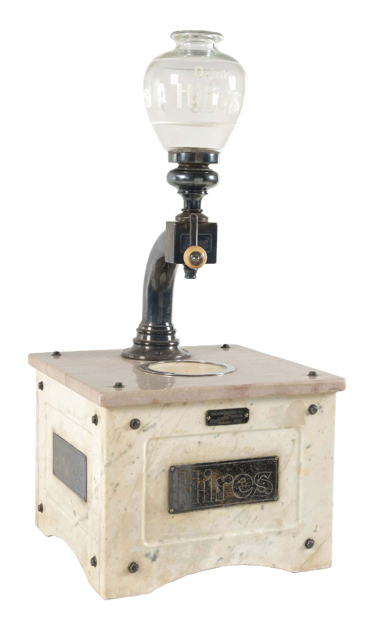 HIRES ROOT BEER MUNIMAKER SYRUP DISPENSER: This c. 1900 marble "Munimaker" syrup dispenser from Hires Root Beer features the company logo on four small metal signs on each side, with a nice glass globe with the logo as well. CONDITION: The met