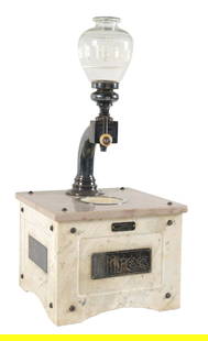 HIRES ROOT BEER MUNIMAKER SYRUP DISPENSER: This c. 1900 marble "Munimaker" syrup dispenser from Hires Root Beer features the company logo on four small metal signs on each side, with a nice glass globe with the logo as well. CONDITION: The met