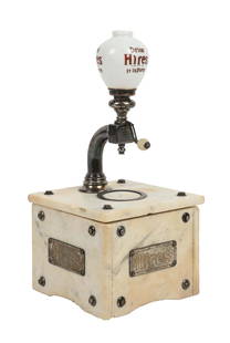 OUTSTANDING HIRES MUNIMAKER SALESMAN SAMPLE DISPENSER: This incredible salesman sample dispenser from Hires Root Beer is made of marble, glass and nickel, with a zinc liner and coils inside- just like the full sized model. An amazing piece of soda pop