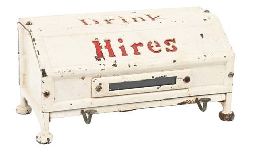 CAST IRON HIRE'S STRAW DISPENSER: C. 1910. CONDITION: It shows all original paint, with areas of chipping, paint loss and oxidation. There are no chips, cracks or repairs. The inset Hire's lettering is original, as is the backdoor. Co