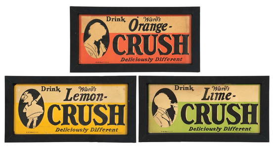 COLLECTION OF 3 WARD'S ORANGE, LEMON & LIME CRUSH SIGNS: A good-looking collection of three C. 1920s single-sided cardboard signs from Ward's featuring Orange, Lemon, and Lime Crush beverages. CONDITION: All three show light staining and areas of wear in
