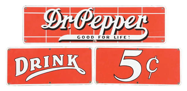 COLLECTION OF 3 DR. PEPPER GOOD FOR LIFE SIGNS: SSP. An outstanding collection of three c. 1930s single-sided porcelain signs from Dr. Pepper featuring the iconic script logo, with the "5 cent" and "Drink" additional panels. These signs were