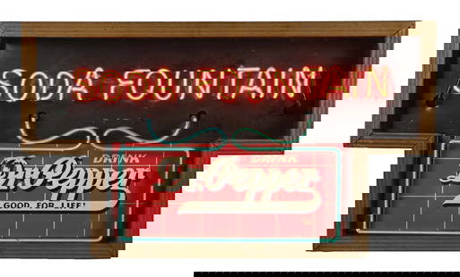 DR. PEPPER "SODA FOUNTAIN" SIGN: A nice example of this c. 1940s neon "Soda Fountain" sign with a nice single-sided tin Dr. Pepper sign in the lower field. The neon lettering, metal sign, and can are all old- although it is unknown w