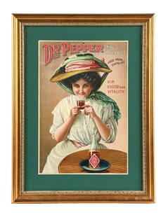 DR PEPPER "KING OF BEVERAGES" CARD STOCK SIGN W/ WOMAN GRAPHIC AGS 91: This c. 1910s single sided paper sign from Dr. Pepper features a nice woman graphic with an early paper label bottle on the table. CONDITION: This sign remains in outstanding condition. The top-right
