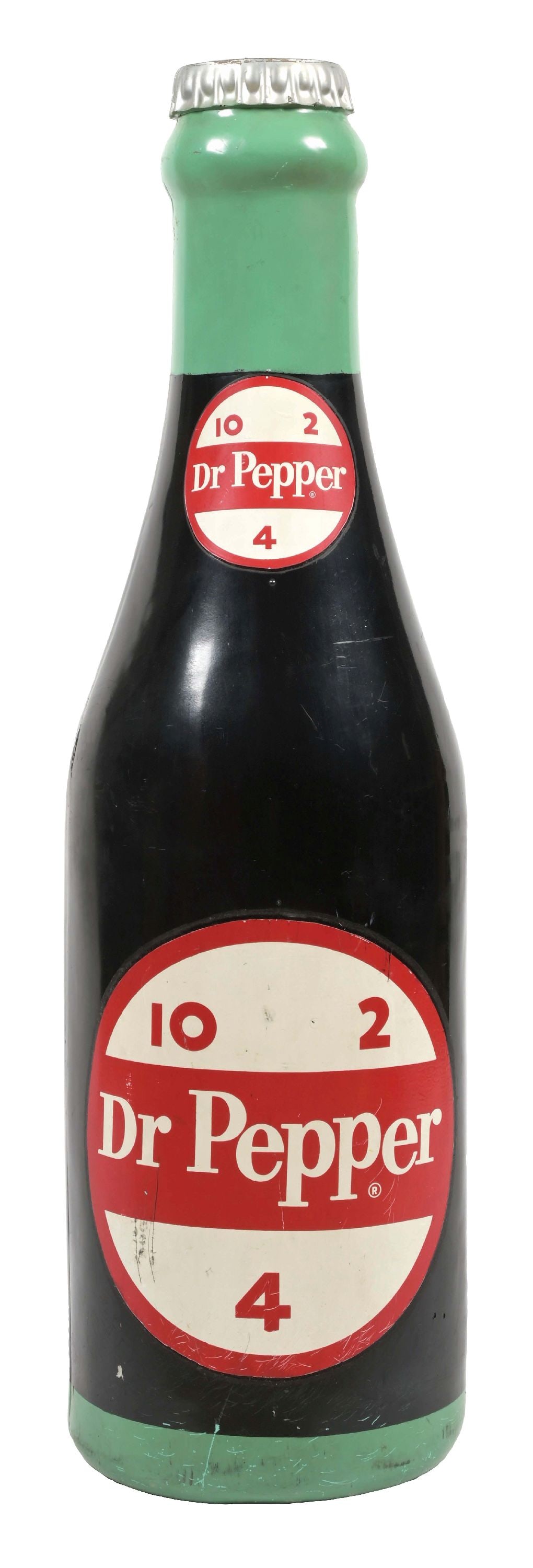 LARGE DR PEPPER DISPLAY BOTTLE: This c. 1950s large formed plastic display bottle from Dr. Pepper features the company logo on both sides with "10-2-4" verbiage. CONDITION: The logos shows light wear and areas of color loss on both