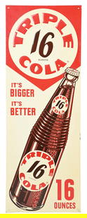 TRIPLE 16 COLA SIGN W/ BOTTLE GRAPHIC: SST. This c. 1950s single-sided embossed tin sign from Triple 16 Cola features a nice bottle graphic with good color and shine. CONDITION: The field of the sign shows a few light specks of color loss