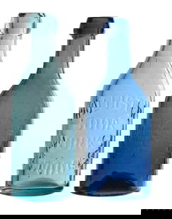 COLLECTION OF 2 BLUE GLASS EMBOSSED BOTTLES: (A) Blue glass blob top soda bottle, embossed with "HOLLISTER SODA WORKS A. MANS". Glass is very clean with great bubbles, with a very small crack on the inside of the lip, but otherwise a great
