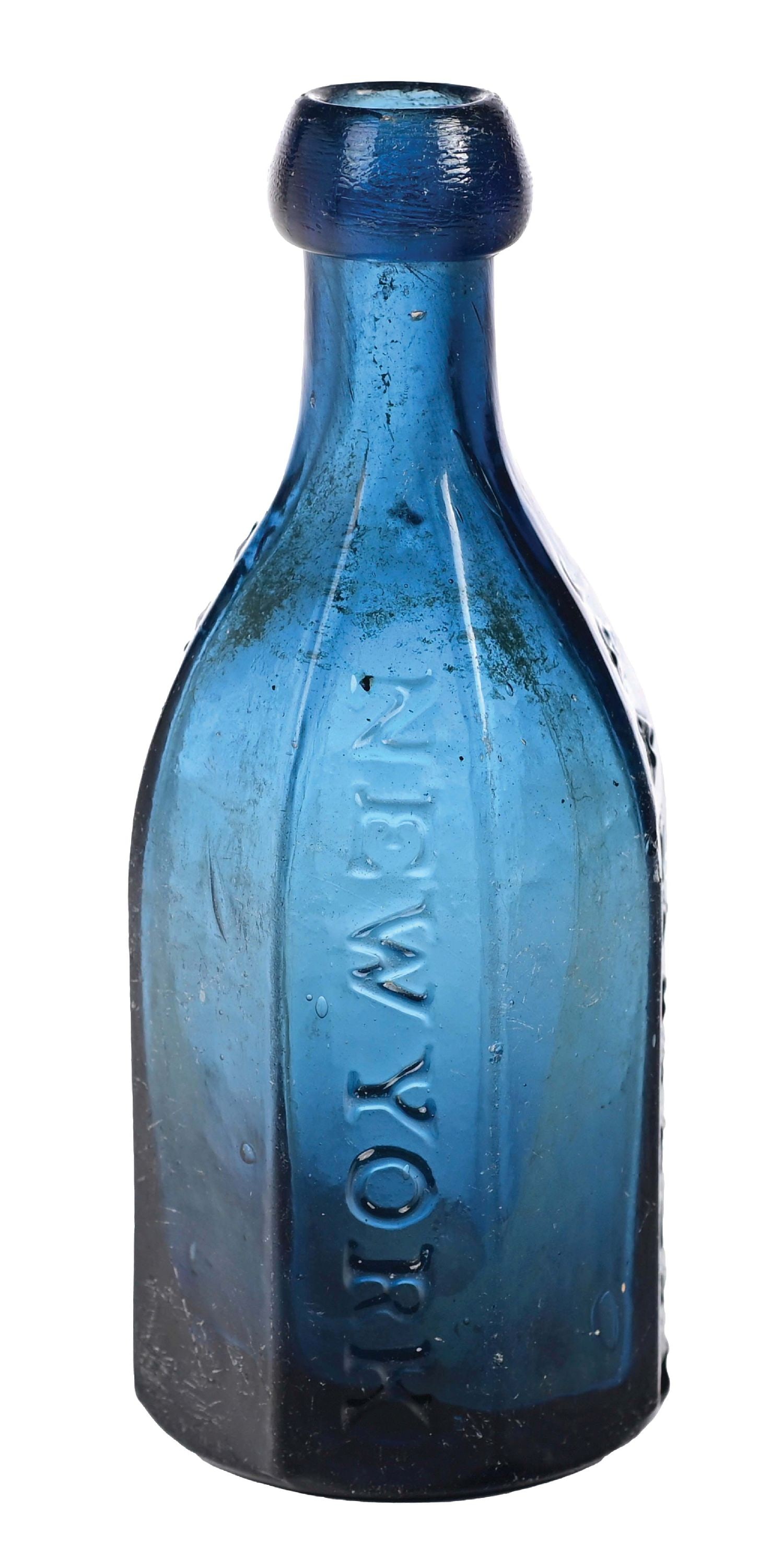 COBALT BLUE J & A DEARBORN MINERAL WATERS NY VICTORIAN-ERA SODA BOTTLE: Spectacular cobalt color. Embossed on three panels. CONDITION: Significant damage to the heel and some scratching throughout the body. Condition: (6.5). Dimensions: 2 -1/2" D. x 7" T.