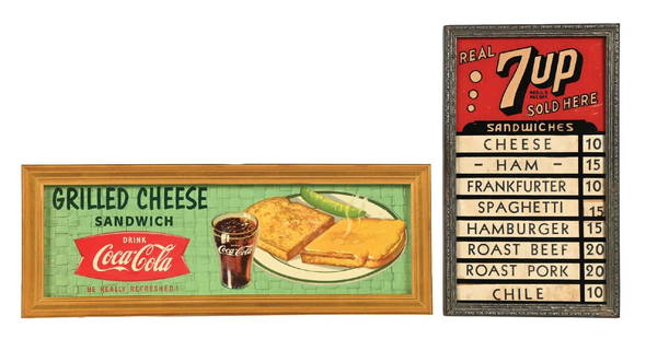 COLLECTION OF 2 7UP AND COCA-COLA SIGNS: A nice collection of two signs including a reverse painted glass menu board from 7UP and a cardboard channel card sign from Coca-Cola. CONDITION: (A) The 7UP menu shows a few specks of color loss in t