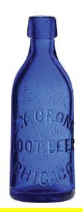 E.Y. CRONK ROOT BEER BLUE GLASS BOTTLE: A beautiful cobalt blue bottle featuring embossed text on the front and back. Marked "BODE" on rear. CONDITION: Bottle shows light scratching and minimal fleabites, and is a great displaying piece. Co