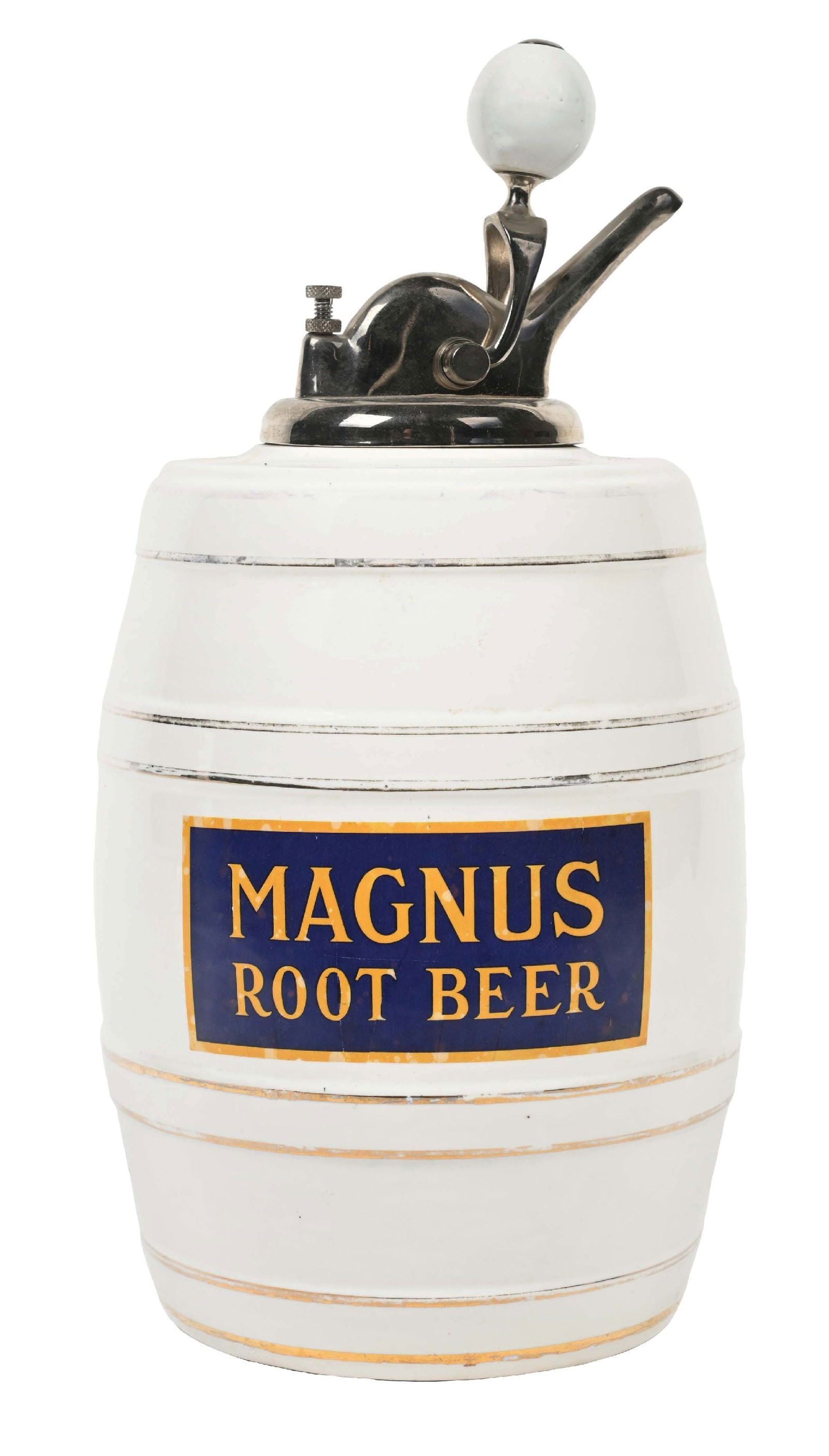 MAGNUS ROOT BEER CERAMIC SYRUP DISPENSER: This C. 1920 ceramic syrup dispenser from Magnus Root Beer features the company logo on both sides, with a nice polished metal syrup pump included. CONDITION: This dispenser remains clean with no dama