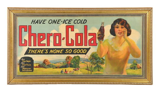 CHERO-COLA "THERE'S NONE SO GOOD" SIGN W/ WOMAN GRAPHIC: Maker marked "Edw. F. Thieler". This c. 1920s single-sided cardboard sign from Chero-Cola features a nice graphic of a woman holding a swirl bottle, with a pastoral scene in the background. CONDITION: