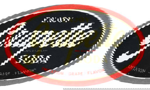GRAPETTE SODA OVAL SIGN: SST. This C. 1950 single-sided embossed tin oval sign from Grapette features the iconic company logo and colors. CONDITION: The field shows some light scuffs and tiny areas of color loss in the white