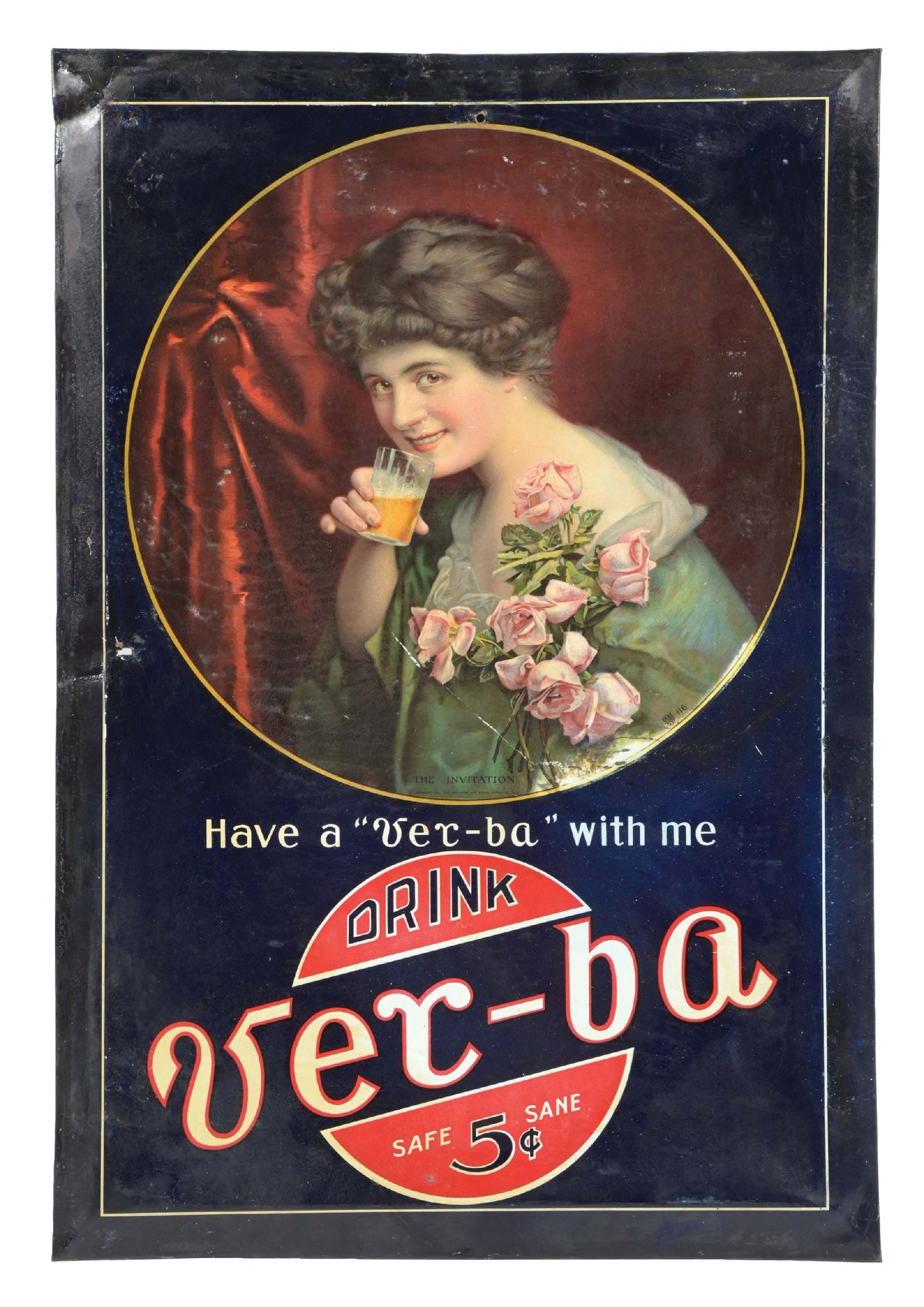 VER-BA SODA SIGN W/ WOMAN GRAPHIC: SST. Maker marked "American Art Works." This C. 1914 single-sided tin sign from Ver-ba features a nice graphic of a woman holding an early fountain glass. CONDITION: The sign shows scuffs and areas of