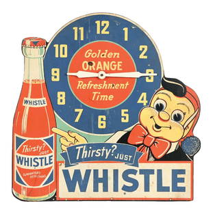 WHISTLE SODA CLOCK W/ ELF GRAPHIC: This c. 1940s single-sided Masonite clock from Whistle features the iconic company logo and Elf graphic. The original movement from Telechron, and the paper instructions are still attached to the back