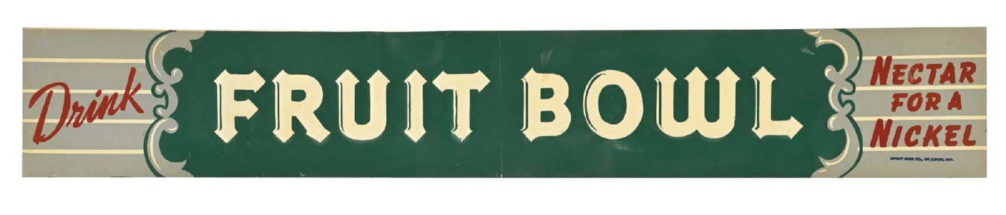DRINK FRUIT BOWL "NECTAR FOR A NICKEL" SIGN: SST. Maker marked "Stout Sign Company". This c. 1950s single-sided embossed tin sign from Fruit Bowl features nice embossed lettering and "Nectar for a Nickel" tagline. CONDITION: The field shows a fe