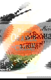 OVERSIZED WARD'S ORANGE CRUSH SYRUP DISPENSER: This C. 1910's-1920 oversized version dispenser from Ward's Orange Crush features the company logo, and nice colorful body shaped in the form of an orange. CONDITION: The body of the dispenser shows