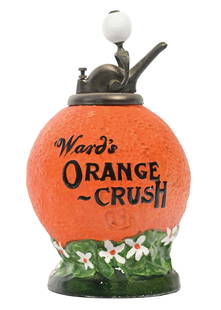 WARD'S ORANGE CRUSH SYRUP DISPENSER: A nice example of this c. 1910s-1920s ceramic syrup dispenser from Ward's Orange Crush with syrup pump. CONDITION: The body of this dispenser is bright and colorful, with a few scattered areas of