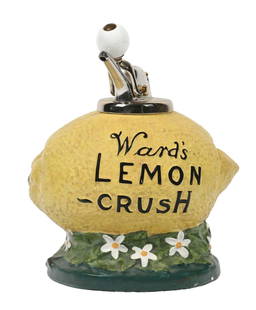 WARD'S LEMON CRUSH CERAMIC SYRUP DISPENSER: This c. 1920 dispenser from Ward's Lemon Crush features the company logo, and the form of a lemon. CONDITION: The body of the dispenser remains clean. There are a few tiny specks of color loss seen