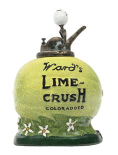 WARD'S LIME CRUSH SYRUP DISPENSER: A nice example of this c. 1910s-1920s ceramic syrup dispenser from Ward's Lime Crush with syrup pump. CONDITION: The body of this dispenser is bright and colorful, with a few scattered areas of color