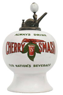 CHERRY SMASH SYRUP DISPENSER: A nice example of this C. 1910s-1920s ceramic syrup dispenser from Cherry Smash with syrup pump. CONDITION: The body of this dispenser is bright and colorful. The mouth of the dispenser is crack and