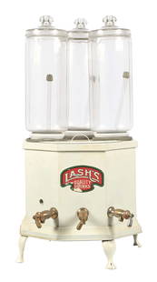 ORIGINAL COUNTERTOP SYRUP DISPENSER FOR LASH'S QUALITY DRINKS: C. 1930. CONDITION: All tin construction with the original hardware, glass tops, tubes and lids. There are no chips or cracks to the lids. There are light areas of chipping on the interior rim of the
