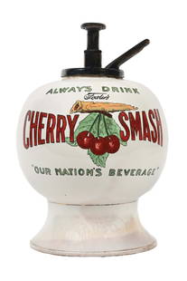 FOWLER'S CHERRY SMASH SYRUP DISPENSER: This c. 1910s-1920 ceramic syrup dispenser from Fowler's Cherry Smash features colorful graphics with a period pump. CONDITION: The body of the dispenser shows a few darkened stains around the bottom