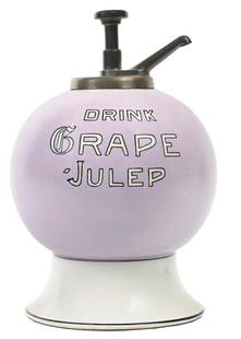 DRINK GRAPE JULEP SYRUP DISPENSER: A nice example of this c. 1910s-1920s ceramic syrup dispenser from Grape Julep with syrup pump. CONDITION: The body of this dispenser is bright and colorful. There is a repaired section to the purple