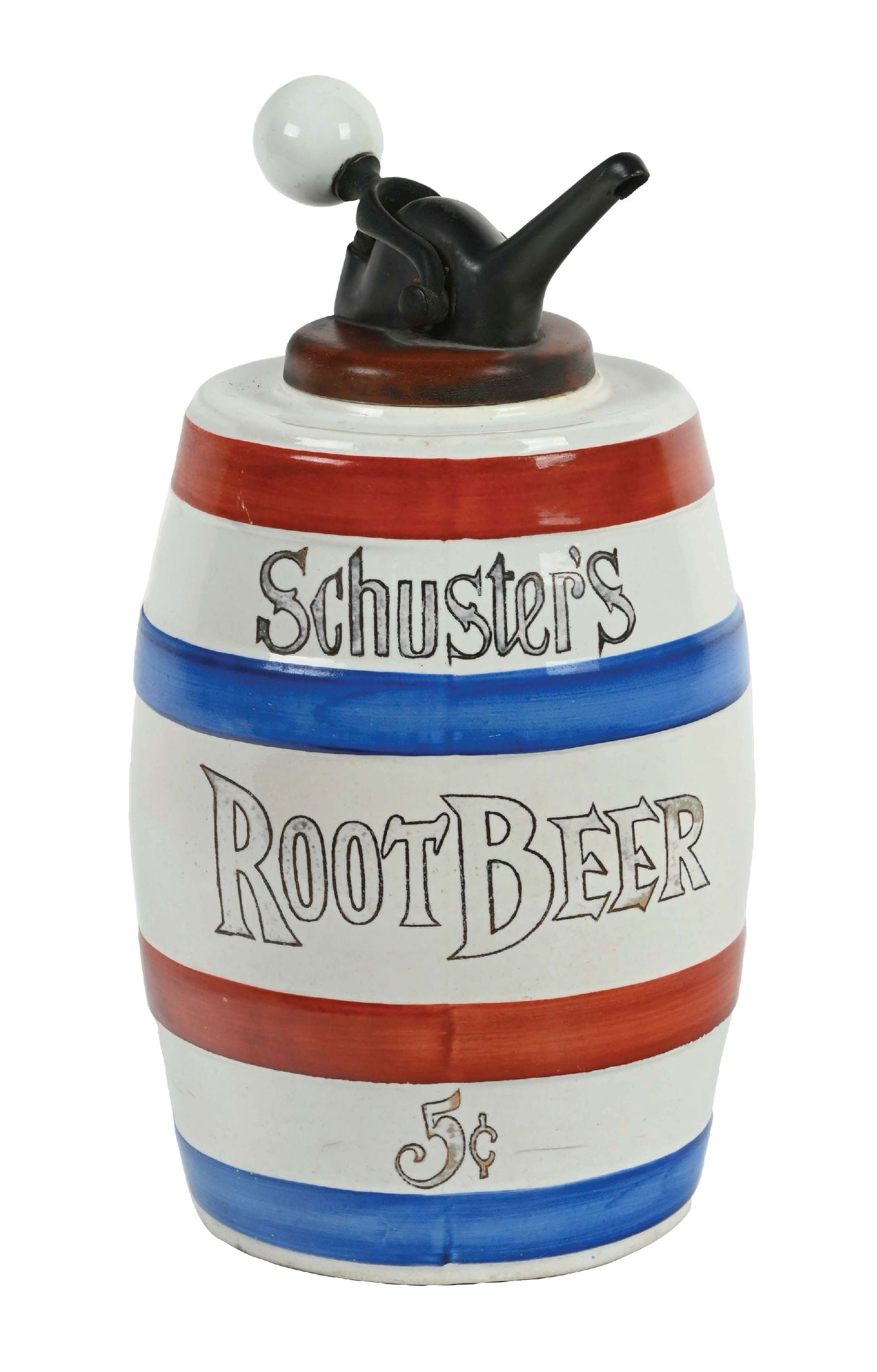 SCHUSTER'S ROOT BEER SYRUP DISPENSER: This c. 1920 ceramic syrup dispenser from Schuster's Root Beer features nice red and blue colors, with ornate gold lettering. CONDITION: The dispenser remains clean overall, with only some light color