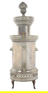 SODA FOUNTAIN DISPENSER APPARATUS: This c. 1920 countertop dispenser has room to display syrup bottles around the top pedestal, while hot soda would have been dispensed from the actual canister. CONDITION: The body shows insignificant