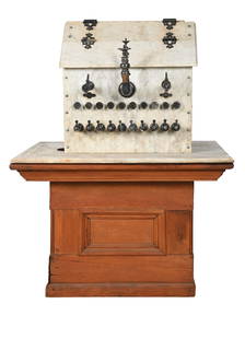 JAMES W TUFTS' "THE COTTAGE" MARBLE SODA FOUNTAIN WITH BASE: C. 1887. Italian white marble with 10 syrup dispensers and 3 draught tubes. Comes with period oak counter as a base. CONDITION: Tarnish and oxidation to the silver plate dispensers, hinged lid with a
